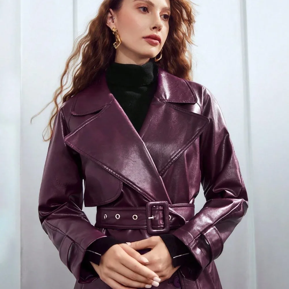 PURPLE PREPPY WOMENS PU LEATHER BELTED TRENCH COATS - Picture 3 of 5
